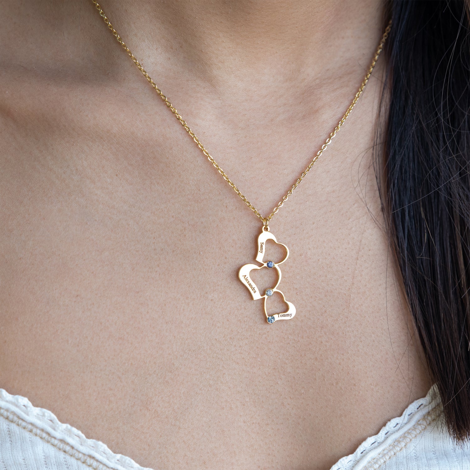 Collier Triple Coeur Personnalisé avec Pierres de Naissance Chris
