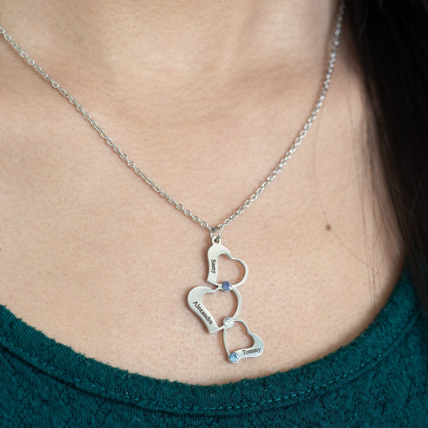 Collier Triple Coeur Personnalisé avec Pierres de Naissance Chris
